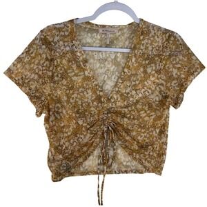 BCBGeneration Womens Brown Animal Print Mesh Cinched Front V-Neck Crop Top Large